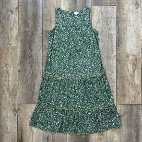 J Jill Tiered Midi Green Floral Dress Size M Petite Spring Boho Cottage Prairie - Picture 4 of 13